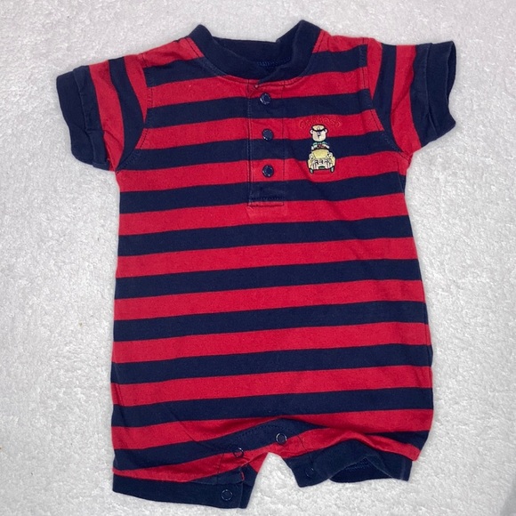 5/$20 Oshkosh navy red striped romper bear driving car 0/3m up to 12 lbs - Picture 1 of 7